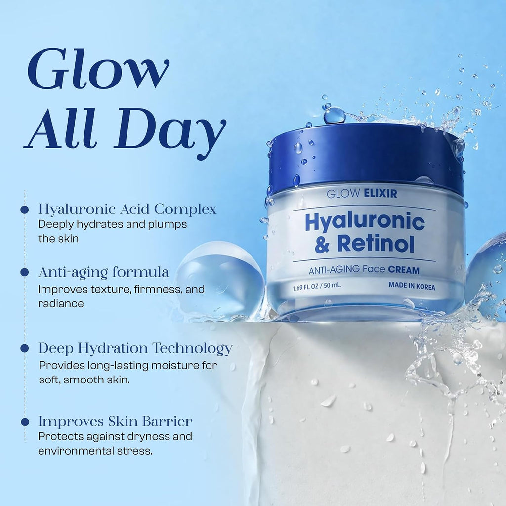 Glow Elixir Retinol & Hyaluronic Acid Face Moisturizer– Dermatologist Tested, Anti Aging, Korean Skin Care – Smooths Fine Lines, Firms, Deep Hydration– Vegan, Clean Beauty – 1.69 Fl. Oz.