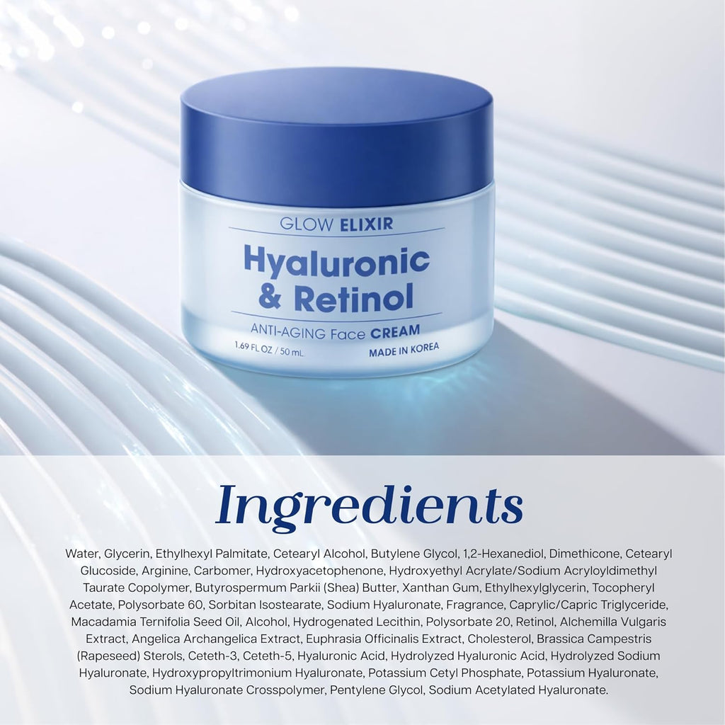 Glow Elixir Retinol & Hyaluronic Acid Face Moisturizer– Dermatologist Tested, Anti Aging, Korean Skin Care – Smooths Fine Lines, Firms, Deep Hydration– Vegan, Clean Beauty – 1.69 Fl. Oz.