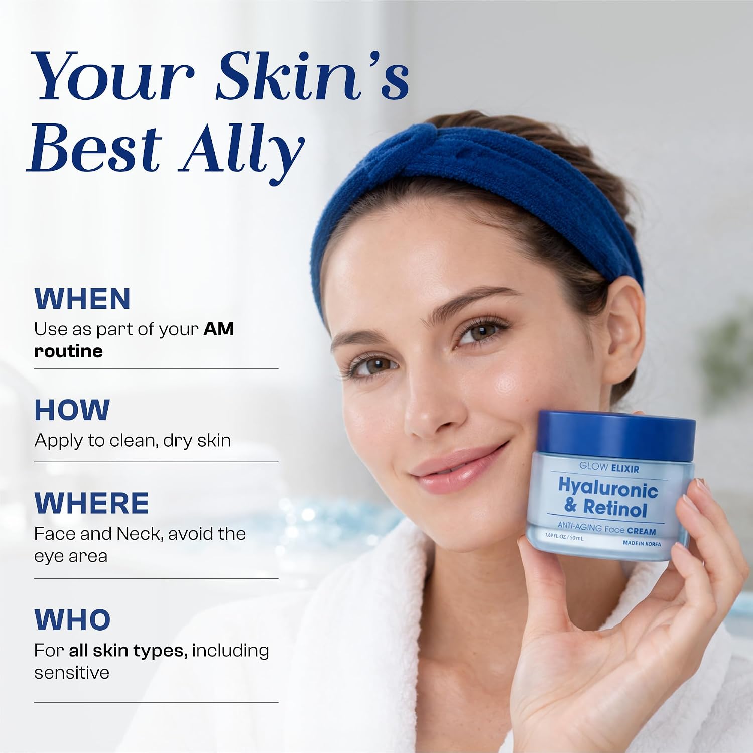 Glow Elixir Retinol & Hyaluronic Acid Face Moisturizer– Dermatologist Tested, Anti Aging, Korean Skin Care – Smooths Fine Lines, Firms, Deep Hydration– Vegan, Clean Beauty – 1.69 Fl. Oz.