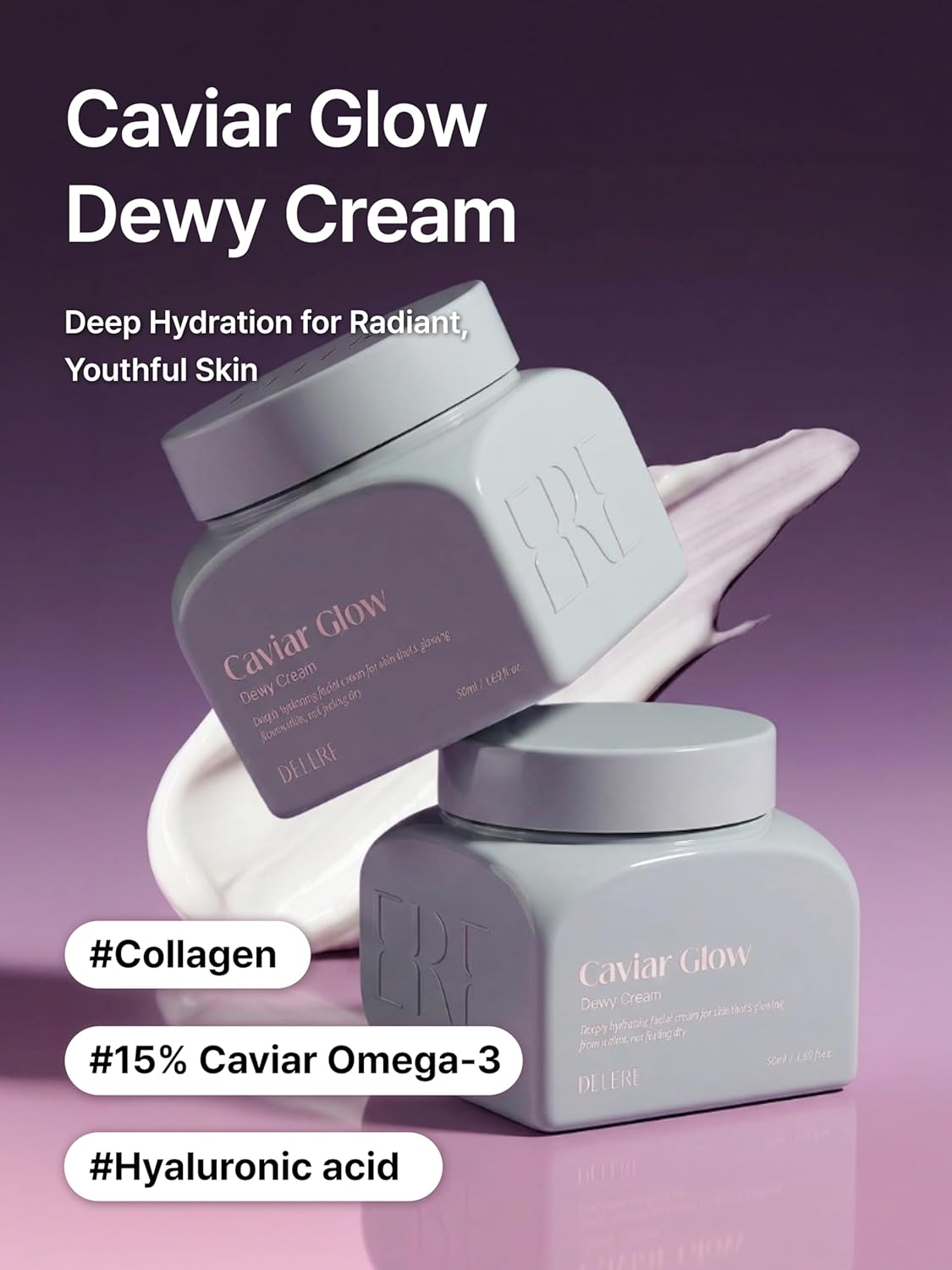Delere Caviar Glow Dewy Cream | Hydrating Caviar Collagen Cream | Korean Hyaluronic Acid Moisturizer with Korean Anti Aging Care for Radiant Glass Skin, 1.7oz