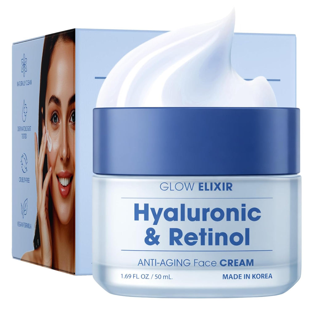 Glow Elixir Retinol & Hyaluronic Acid Face Moisturizer– Dermatologist Tested, Anti Aging, Korean Skin Care – Smooths Fine Lines, Firms, Deep Hydration– Vegan, Clean Beauty – 1.69 Fl. Oz.