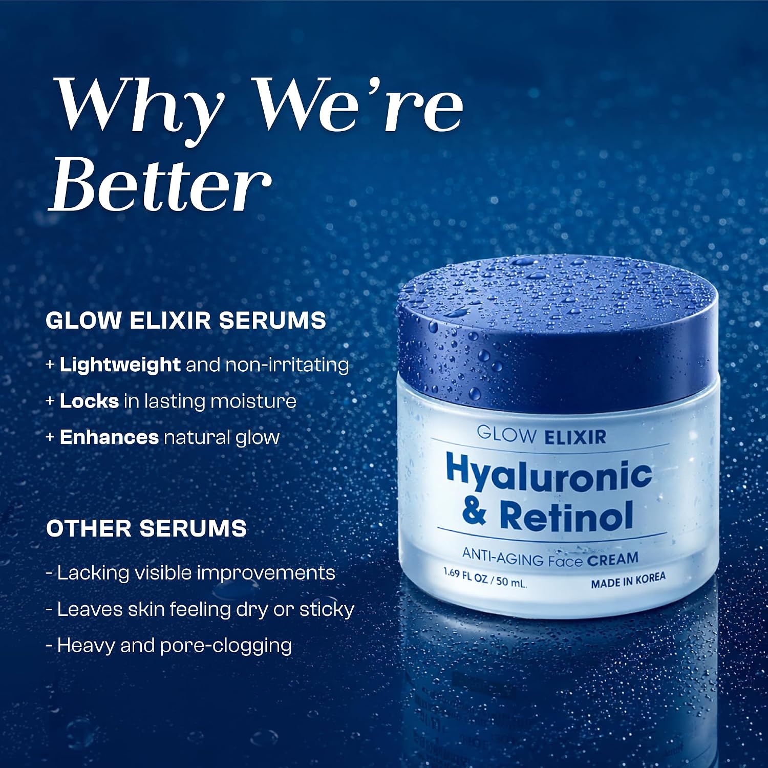 Glow Elixir Retinol & Hyaluronic Acid Face Moisturizer– Dermatologist Tested, Anti Aging, Korean Skin Care – Smooths Fine Lines, Firms, Deep Hydration– Vegan, Clean Beauty – 1.69 Fl. Oz.
